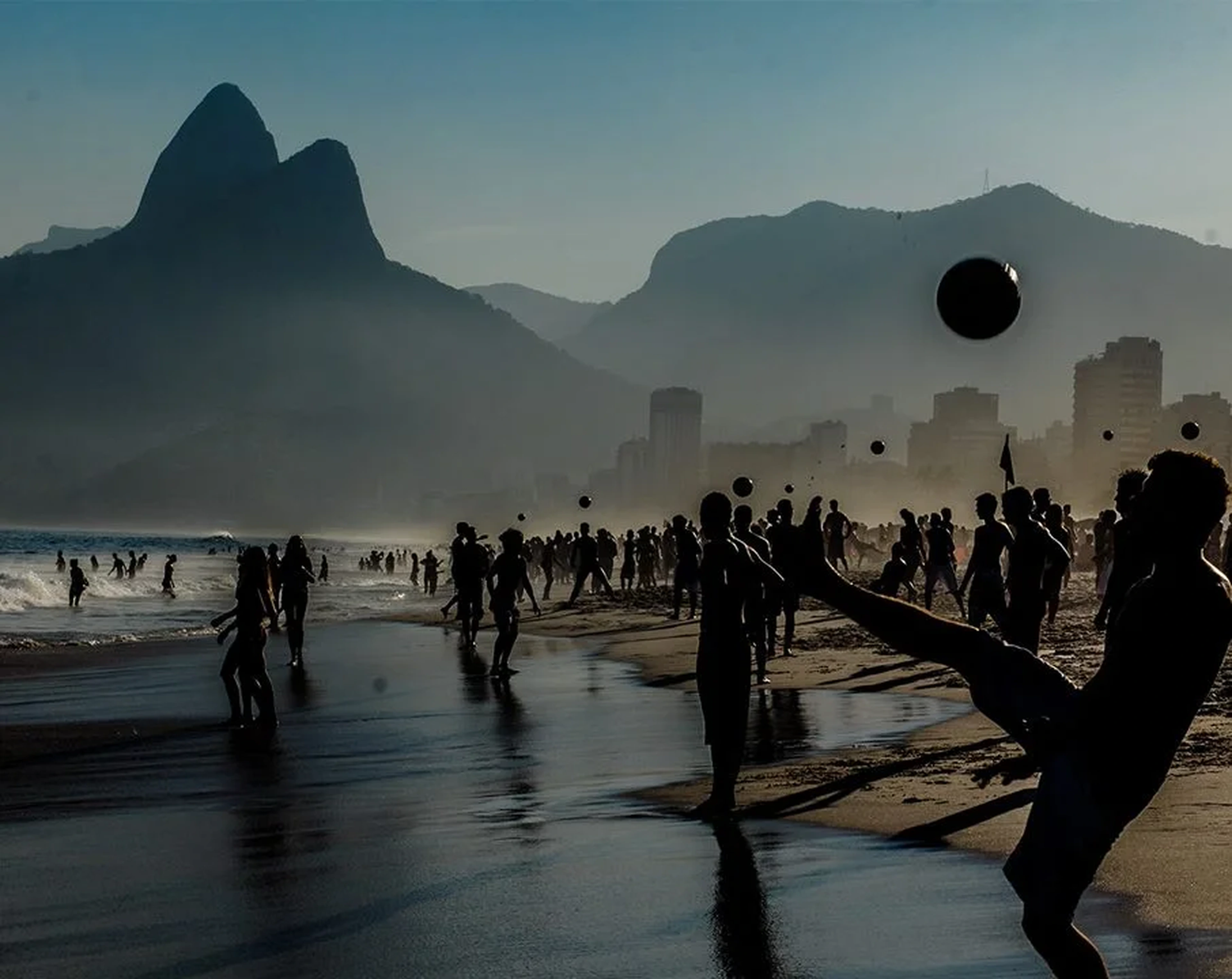 Ipanema ball players beneath the Dois Irmãos mountains, supplied photograph upscaled to 4K